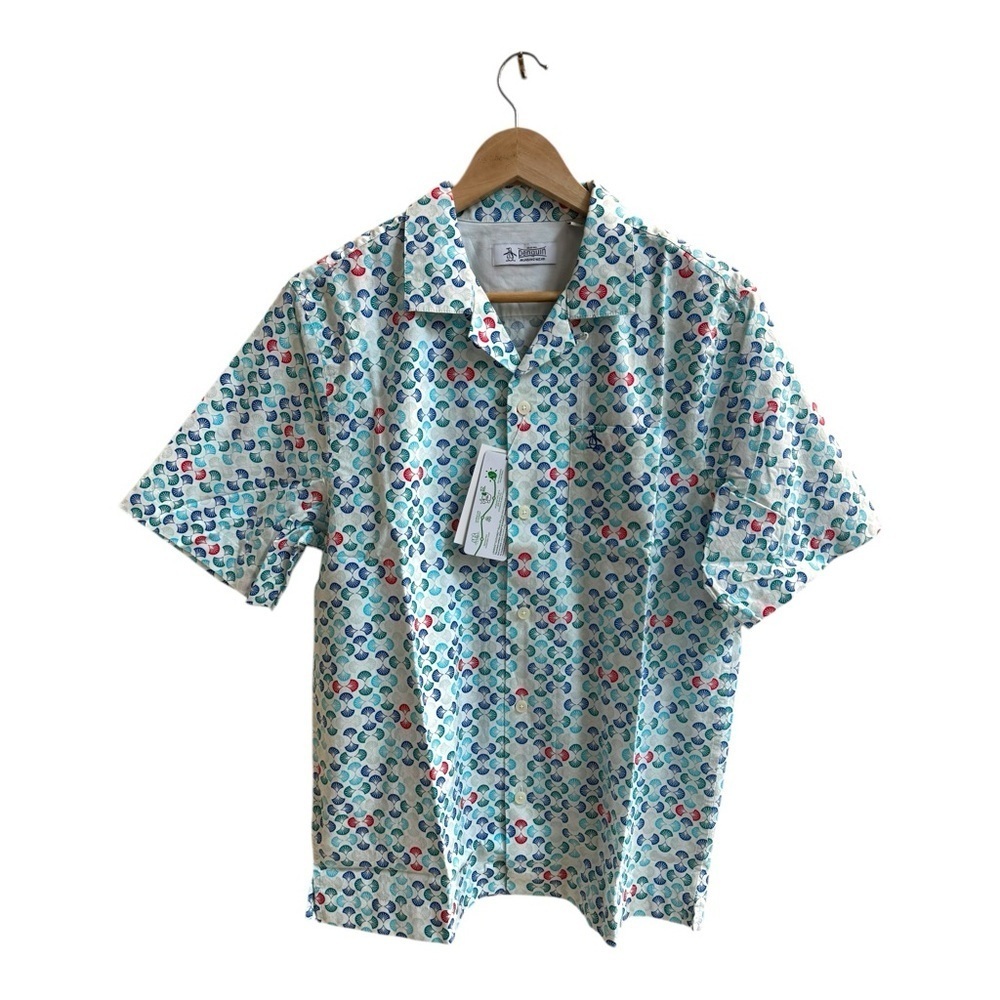 Original Penguin Short Sleeve Collared Button Up Art Deco Geo Print Mens Size M - Picture 1 of 11